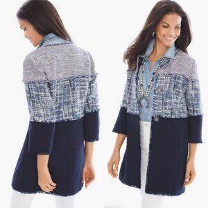 CHICO'S Tweed Longline Frayed Jacket Navy Blue Colorblock Size 2 (US L/12)